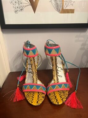 Sam Edelman Yellow Snake-Print Tassel Heels with Teal and Coral Accents